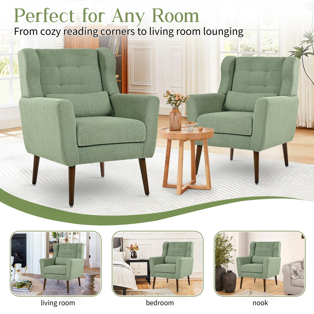 Green Teddy Upholstered Armchair Set of 2 with Lumbar Pillow E5506