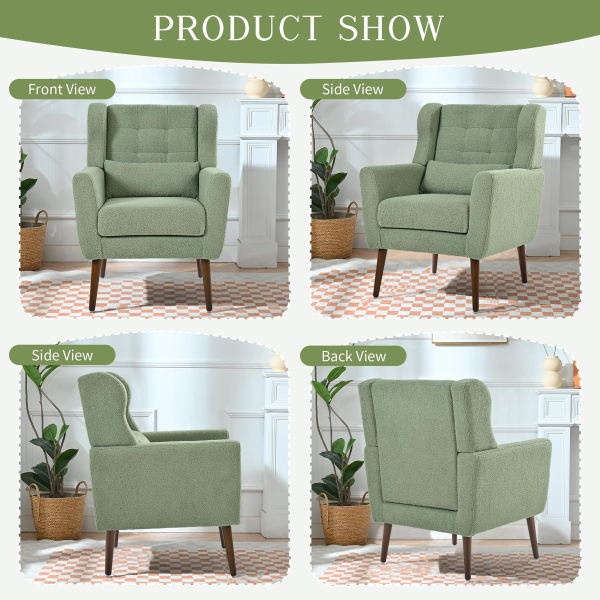 Green Teddy Upholstered Armchair Set of 2 with Lumbar Pillow E5506
